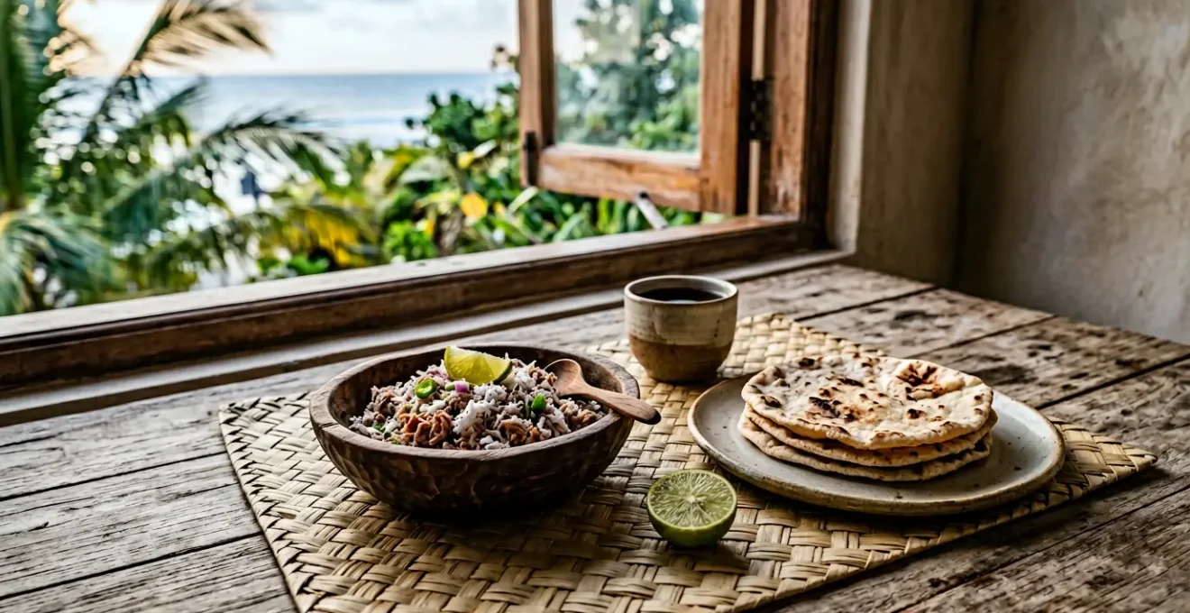 Petit-déjeuner traditionnel Mas Huni des Maldives servi avec du pain Roshi sur une table en bois naturel