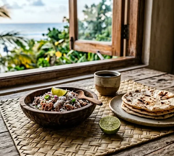 Petit-déjeuner traditionnel Mas Huni des Maldives servi avec du pain Roshi sur une table en bois naturel