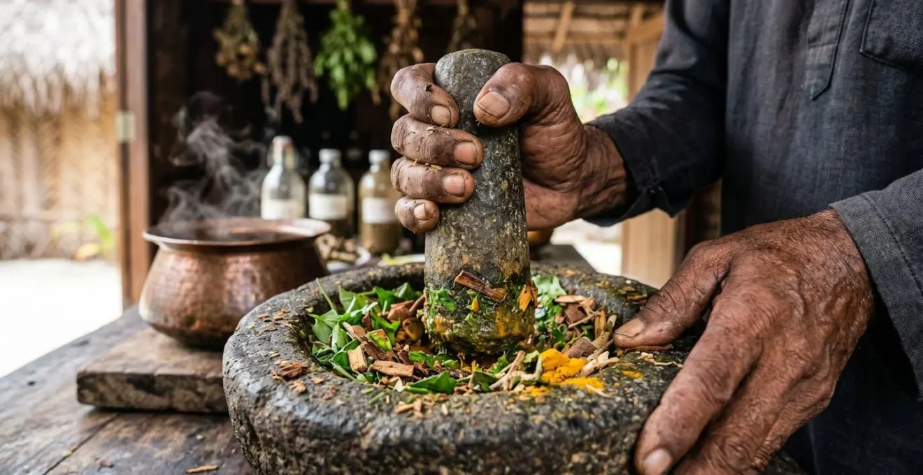 Guérisseur traditionnel maldivien préparant des remèdes à base de plantes locales