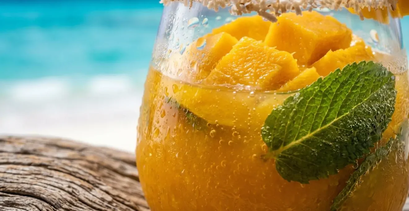 Cocktail coloré aux fruits tropicaux avec mangue et noix de coco sur une plage