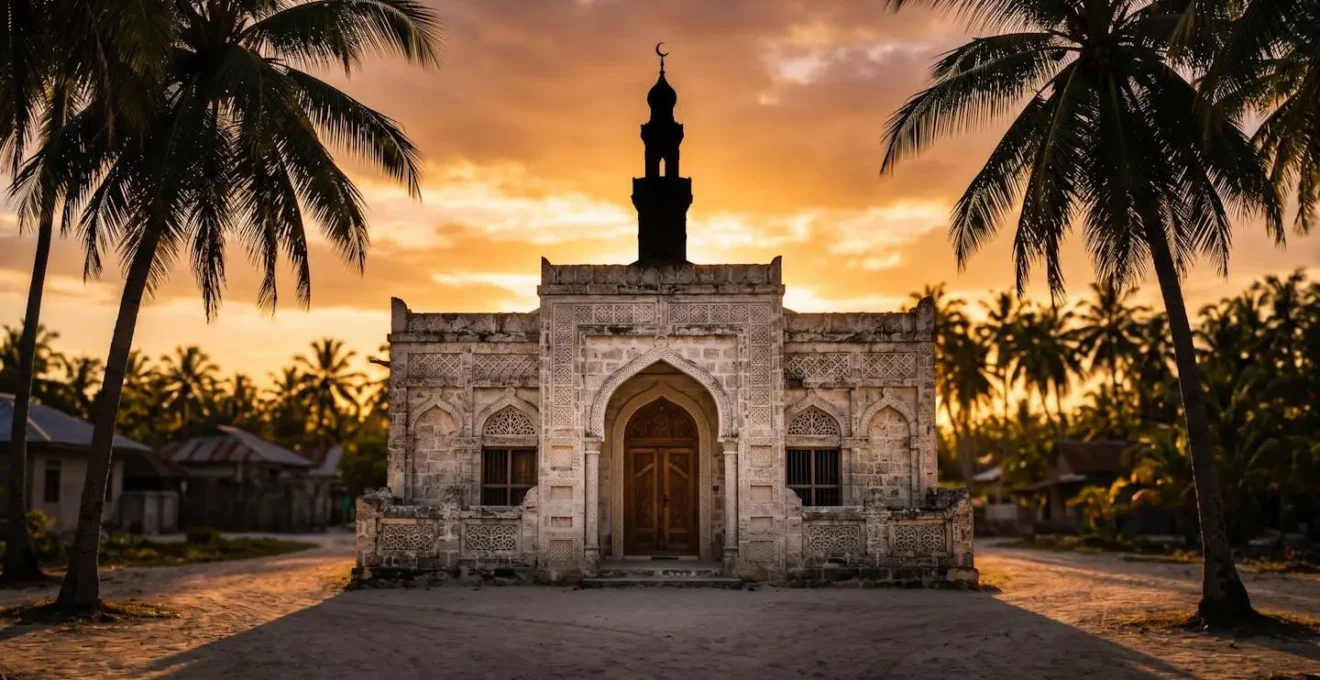 Mosquée traditionnelle en corail blanc sur île locale maldivienne pendant l'appel à la prière