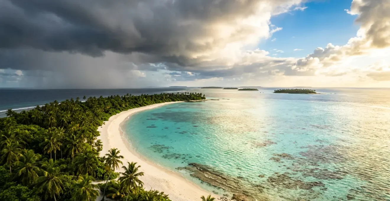 Plage paradisiaque des Maldives avec ciel contrasté entre soleil et nuages de mousson