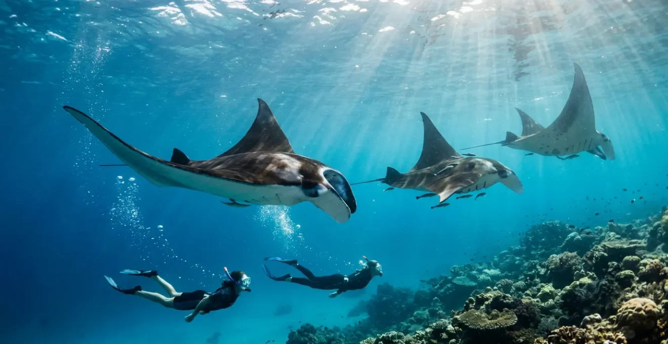 Plongeurs observant à distance respectueuse un groupe de raies mantas dans les eaux cristallines tropicales