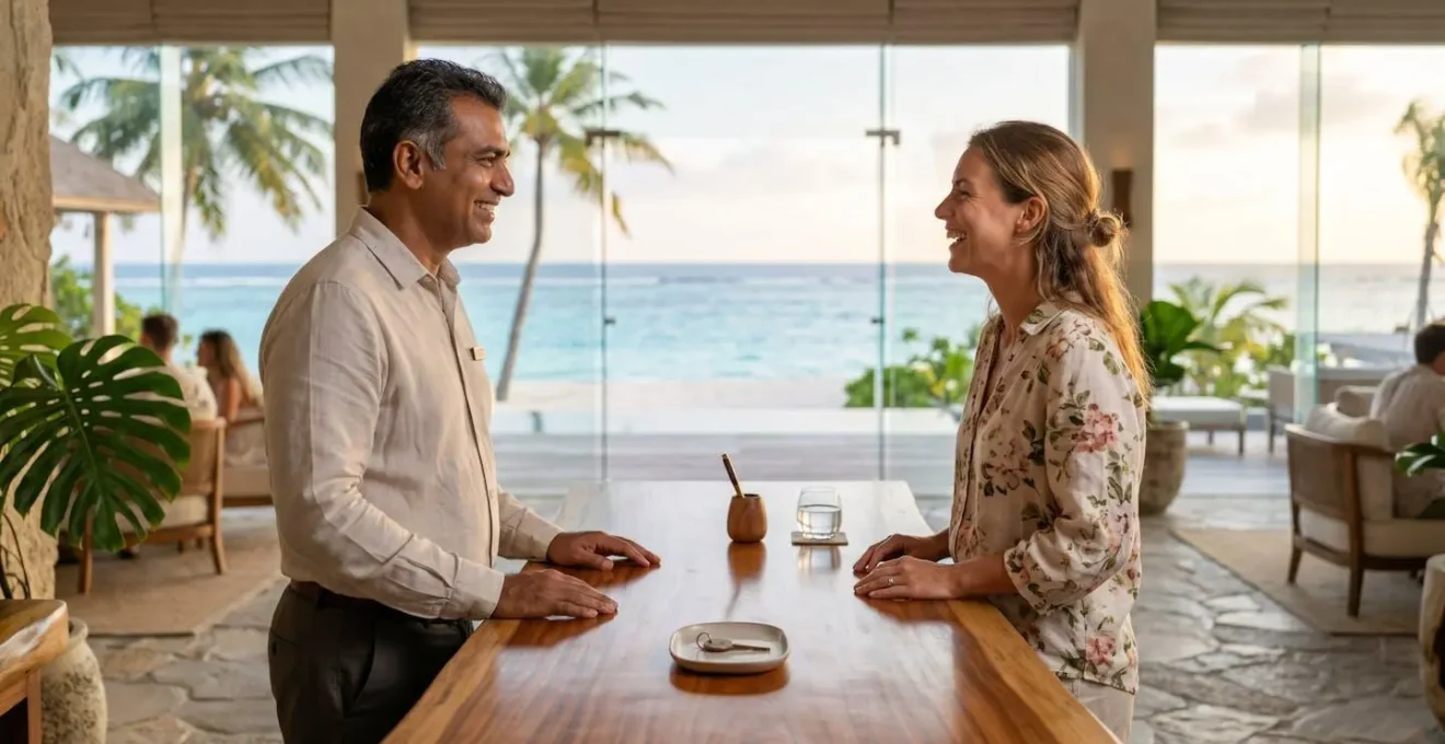 Bureau de réception d'un resort de luxe avec vue panoramique sur l'océan, ambiance professionnelle et accueillante