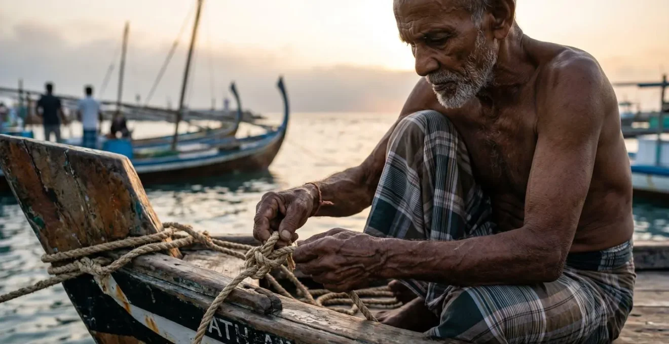 Pêcheur maldivien préparant son dhoni traditionnel dans un port local
