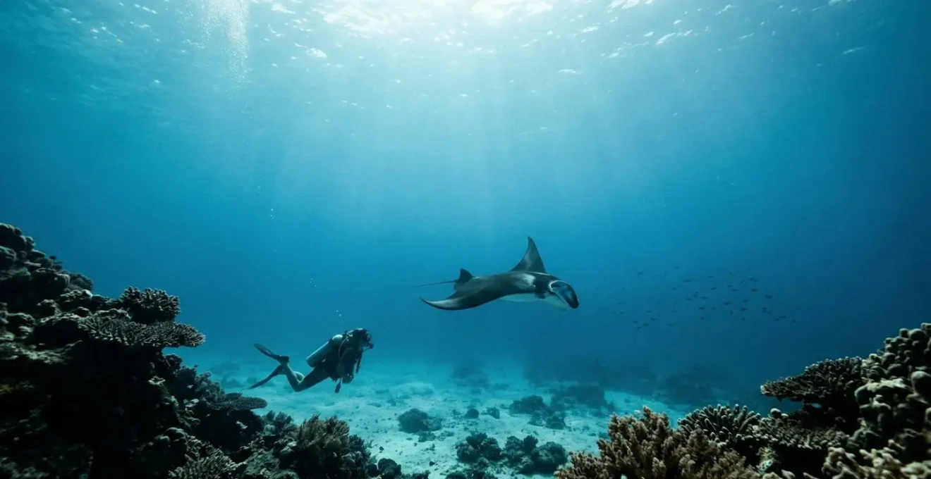 Un plongeur observe une raie manta majestueuse dans les eaux cristallines d'un atoll maldivien