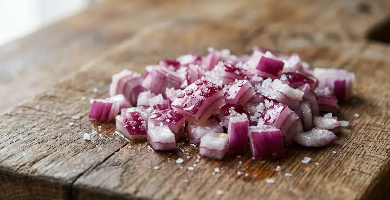 Oignon rouge finement haché avec citron vert et sel sur planche à découper en bois