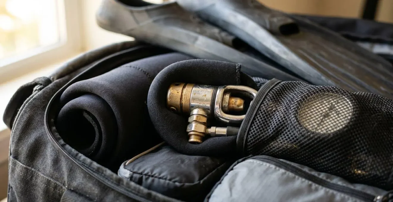 Équipement de plongée organisé dans un sac de voyage souple avec détendeur protégé et palmes disposées stratégiquement