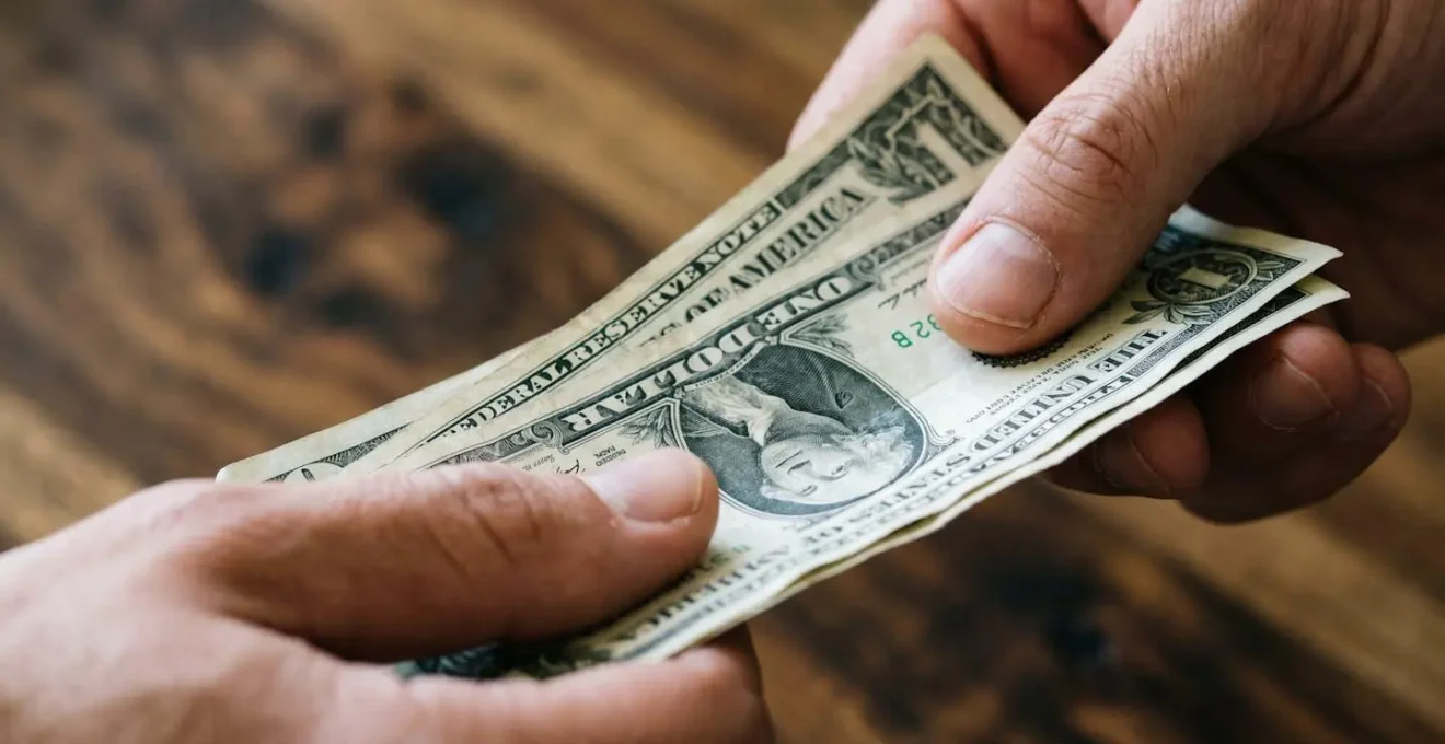 Mains échangeant des billets de dollars américains dans une guesthouse maldivienne
