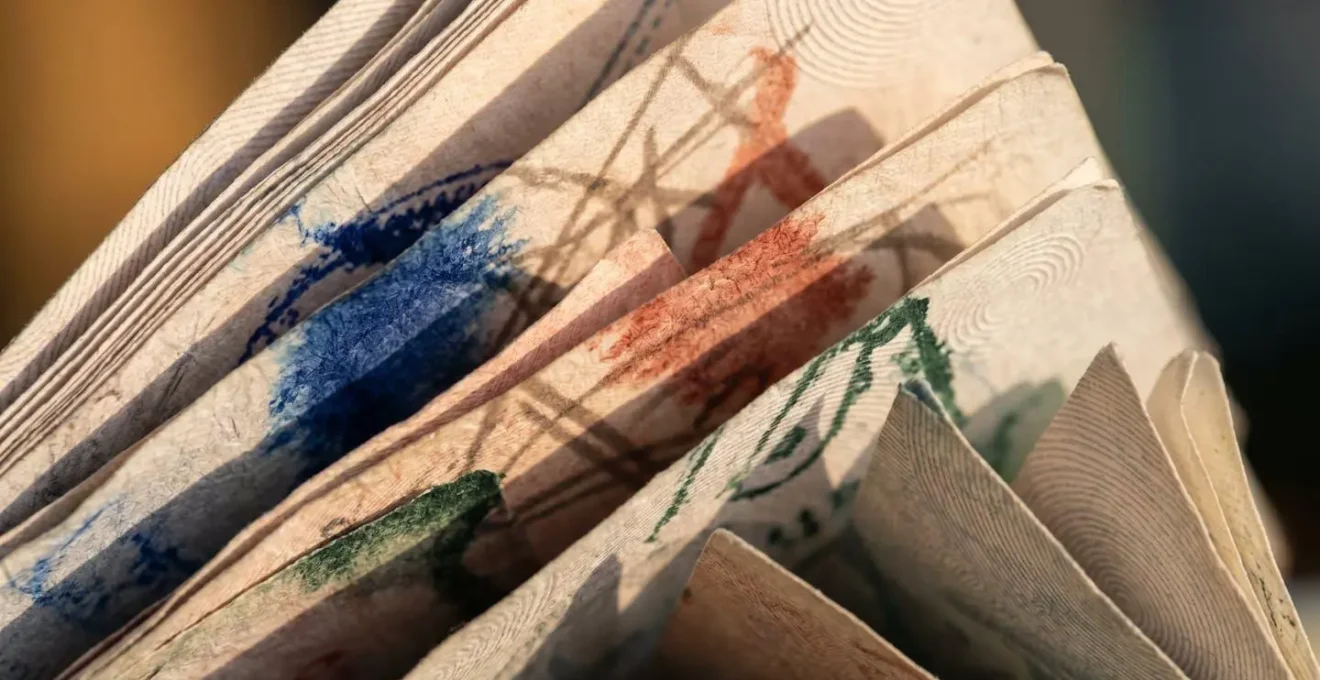 Vue macro d'un passeport avec tampons colorés et pages de visa, lumière naturelle douce