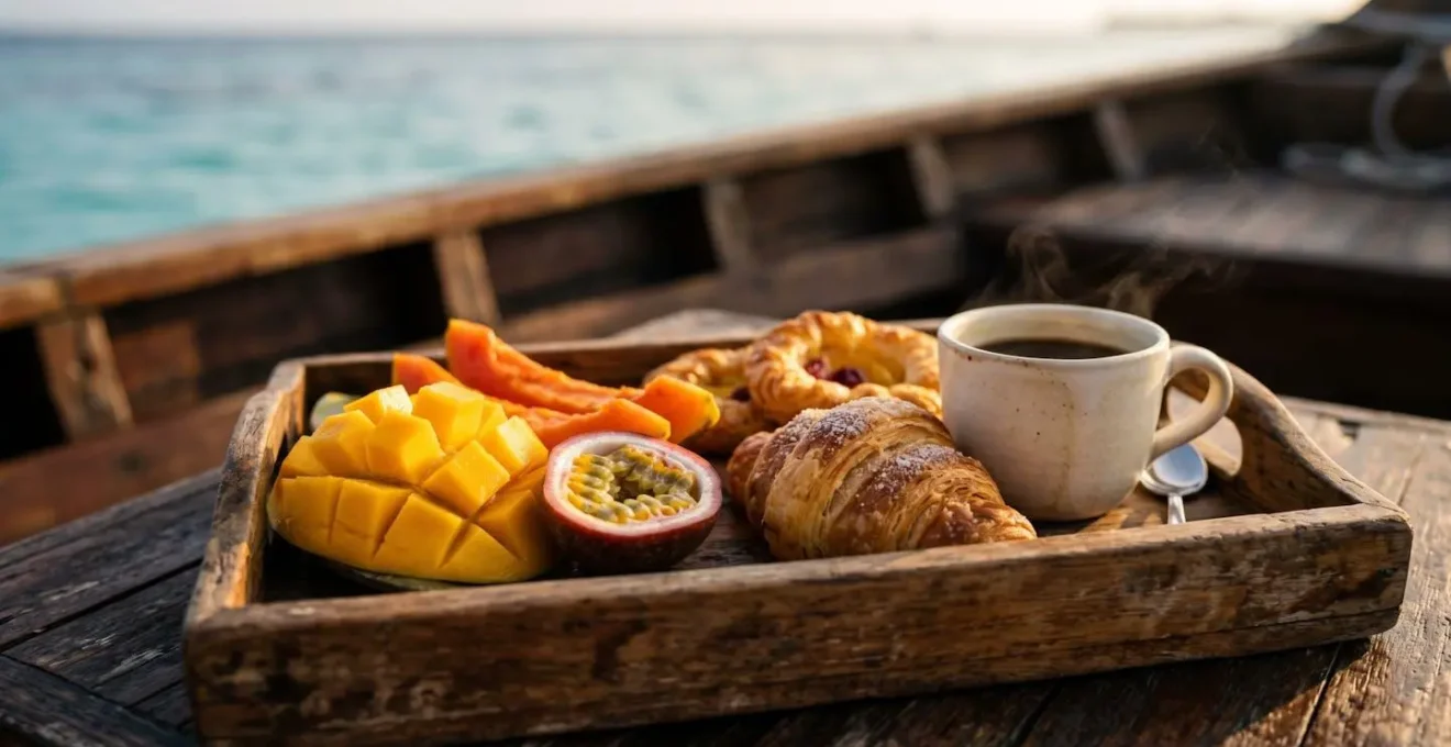 Plateau de petit-déjeuner servi sur le pont d'un dhoni traditionnel avec l'océan en arrière-plan