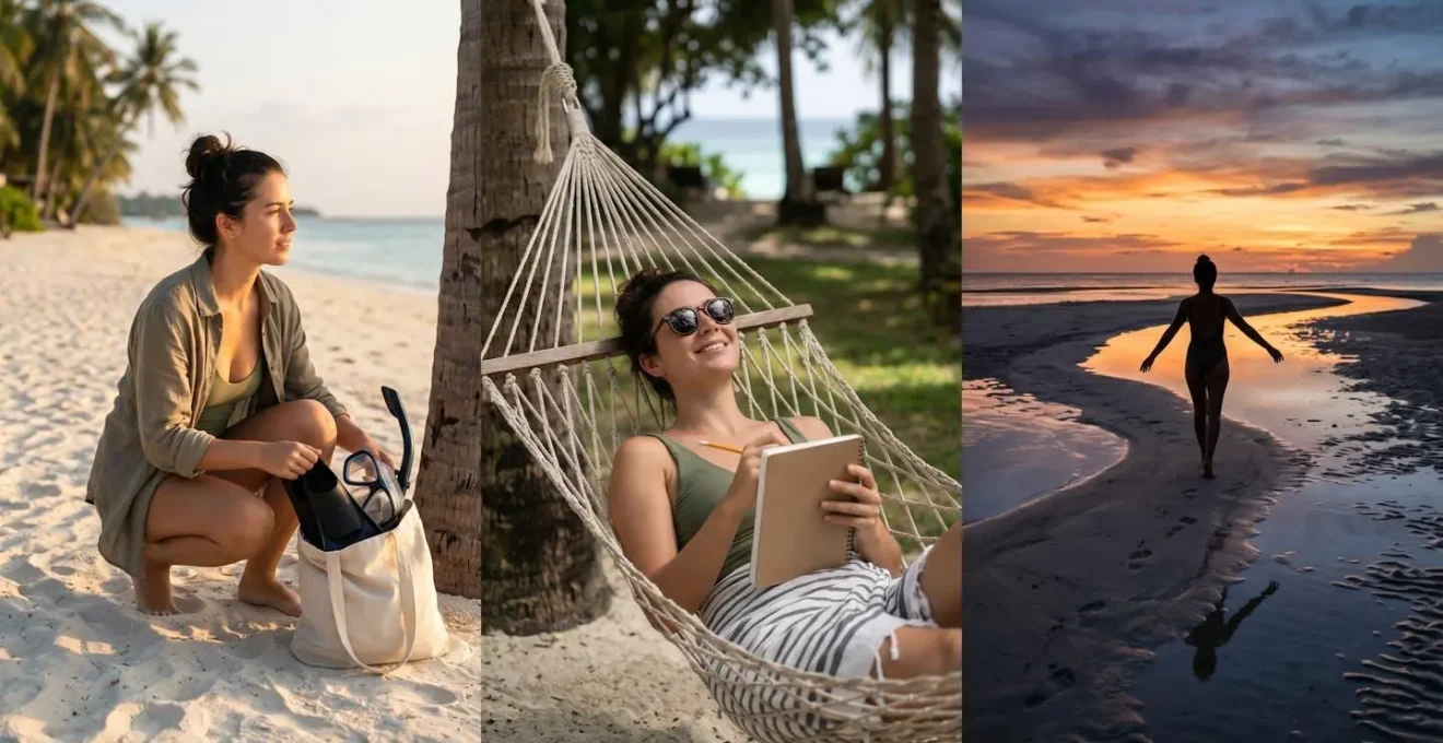 Composition en trois volets montrant les différents moments d'une journée aux Maldives : matin actif avec plongée, après-midi détente dans un hamac, soirée spontanée sur un banc de sable