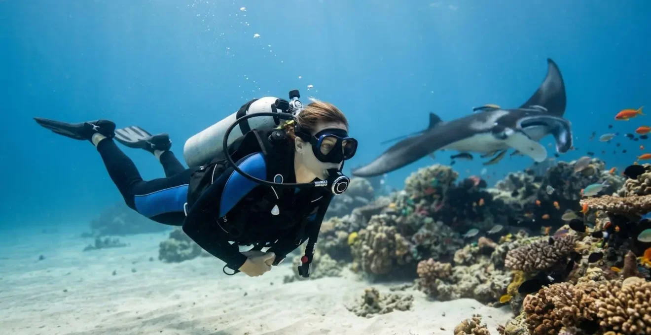 Plongeur en flottabilité parfaite observant une raie manta à une station de nettoyage