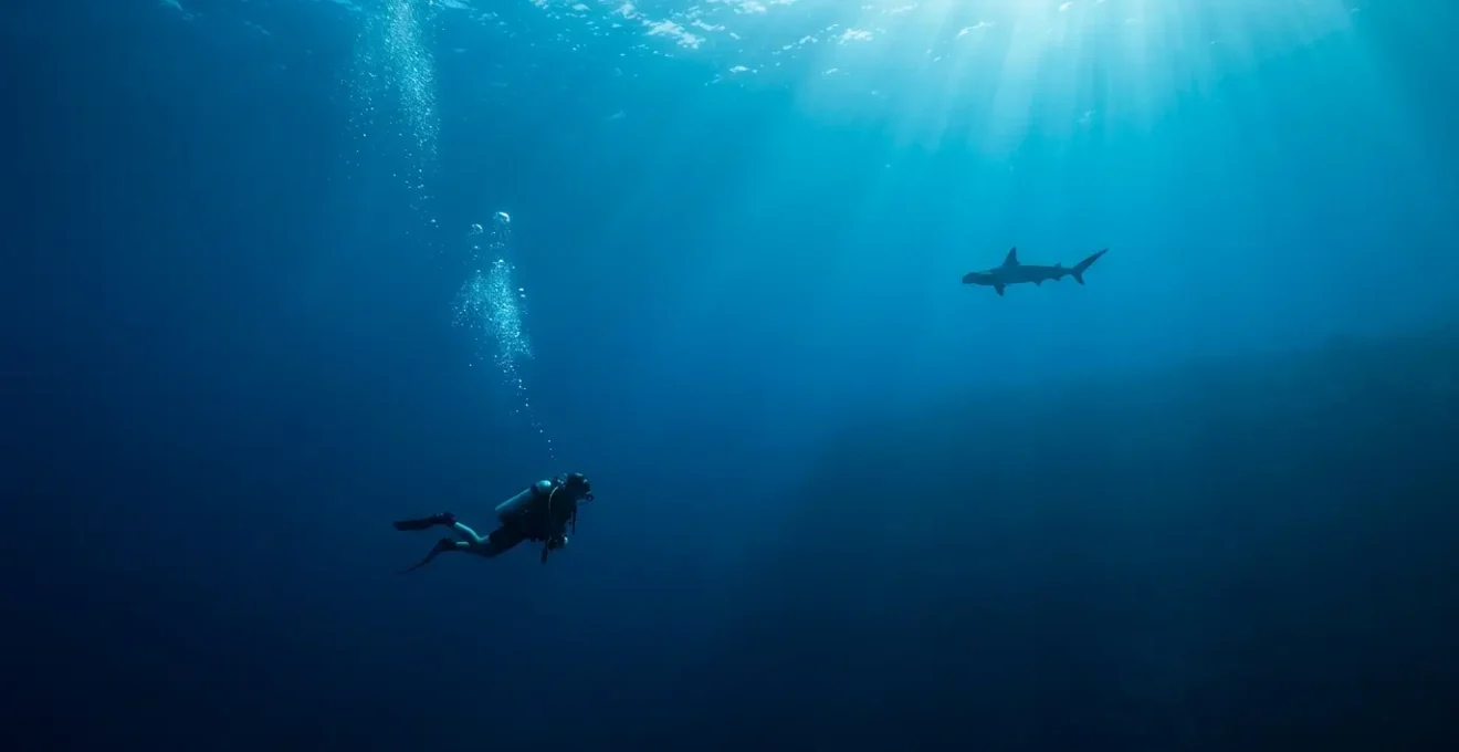 Plongeur contemplant le passage majestueux d'un requin-marteau dans une passe des Maldives
