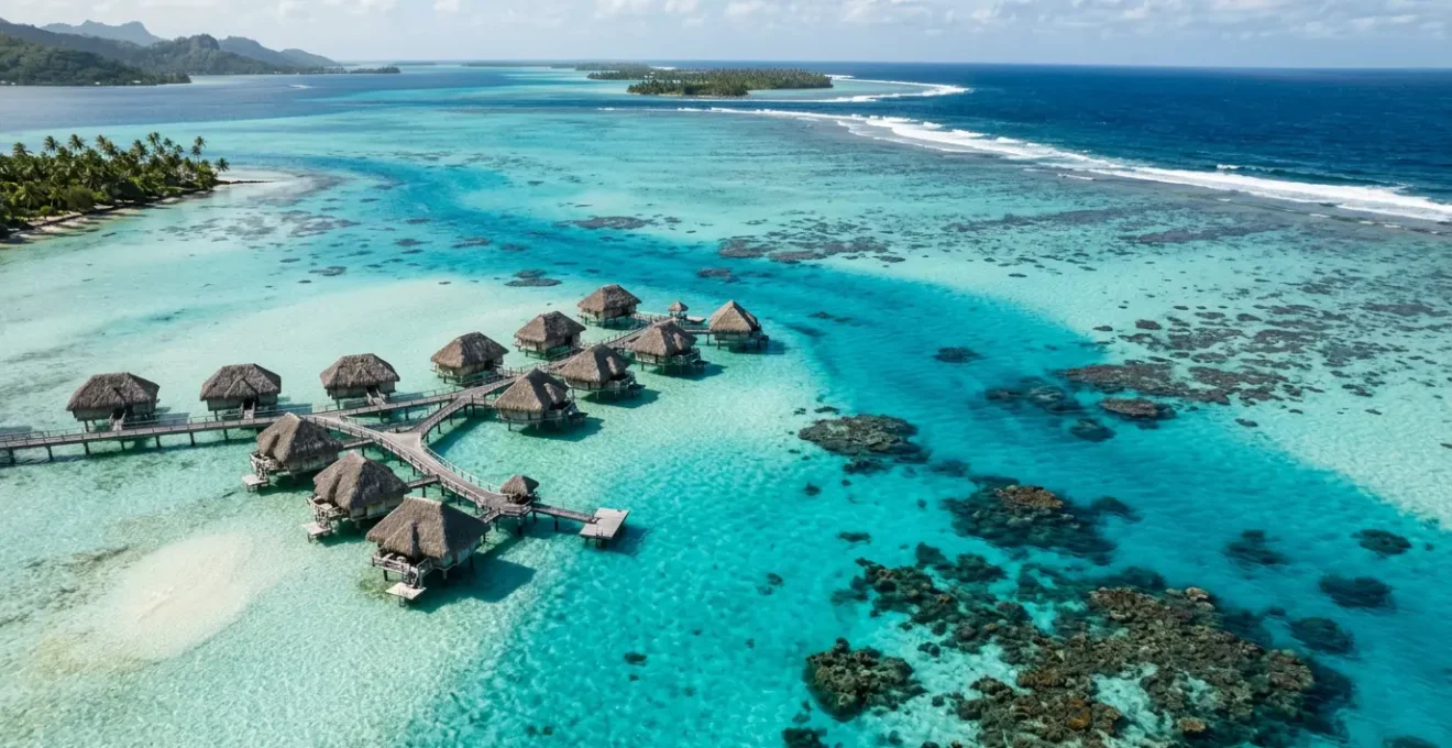 Vue aérienne d'un lagon turquoise montrant les variations de profondeur à travers différentes nuances de bleu