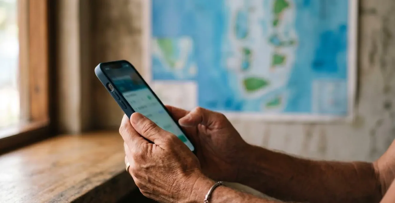 Personne consultant un smartphone pour les horaires de ferry avec une carte des atolls maldiviens floue en arrière-plan