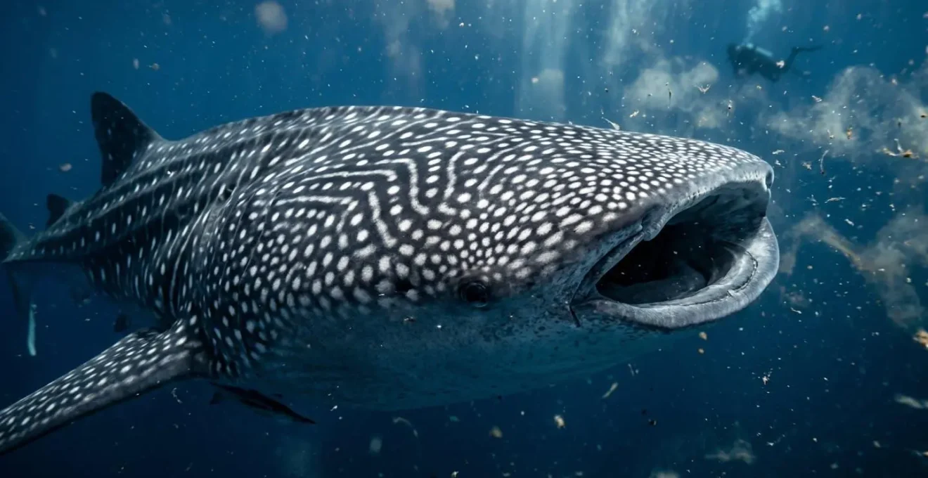 Jeune requin-baleine dans les eaux peu profondes de l'atoll d'Ari avec plancton visible