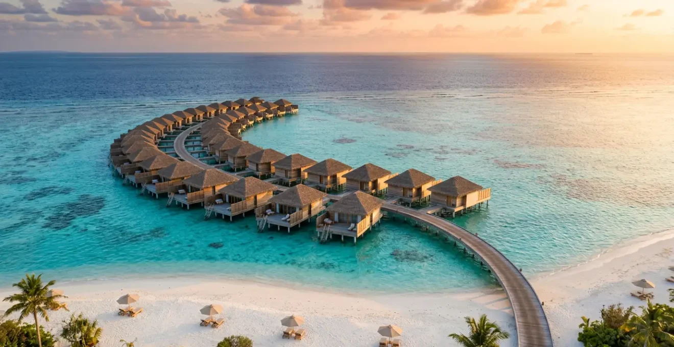 Vue panoramique d'un resort 4 étoiles aux Maldives avec villas sur pilotis et plage de sable blanc