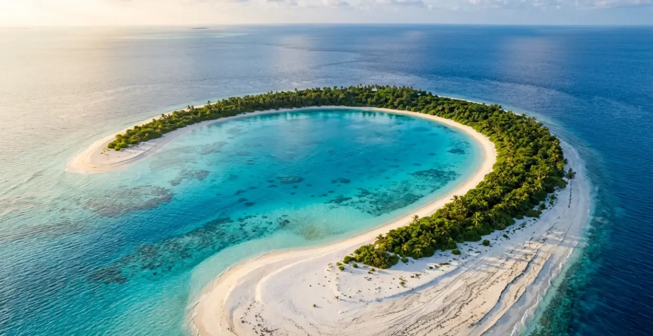 Vue aérienne d'un atoll des Maldives avec son sable blanc immaculé et ses nuances turquoise infinies