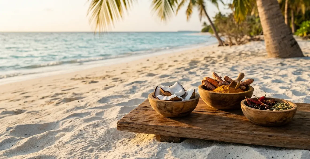 Composition culinaire maldivienne avec noix de coco, thon et épices sur fond tropical