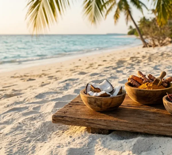 Composition culinaire maldivienne avec noix de coco, thon et épices sur fond tropical