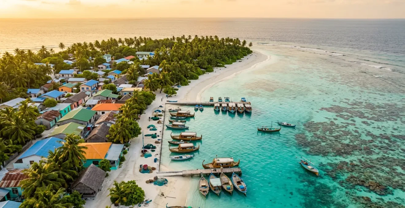 Vue aérienne d'une île locale maldivienne avec ses maisons colorées, port traditionnel et dhonis amarrés