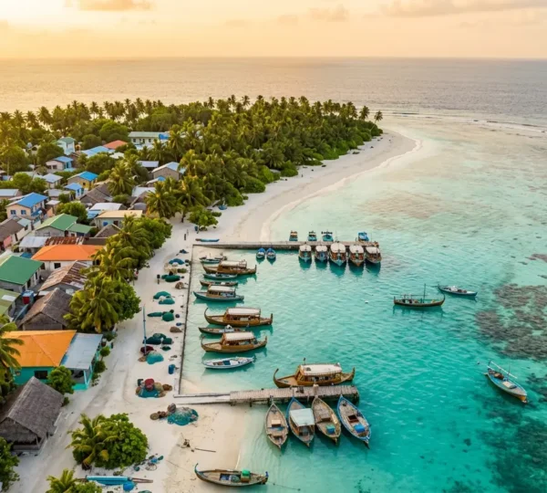 Vue aérienne d'une île locale maldivienne avec ses maisons colorées, port traditionnel et dhonis amarrés