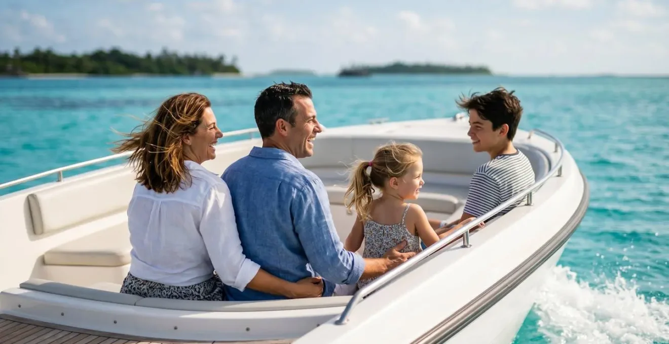 Speedboat privé transportant une famille de 4 personnes dans les eaux turquoise des Maldives