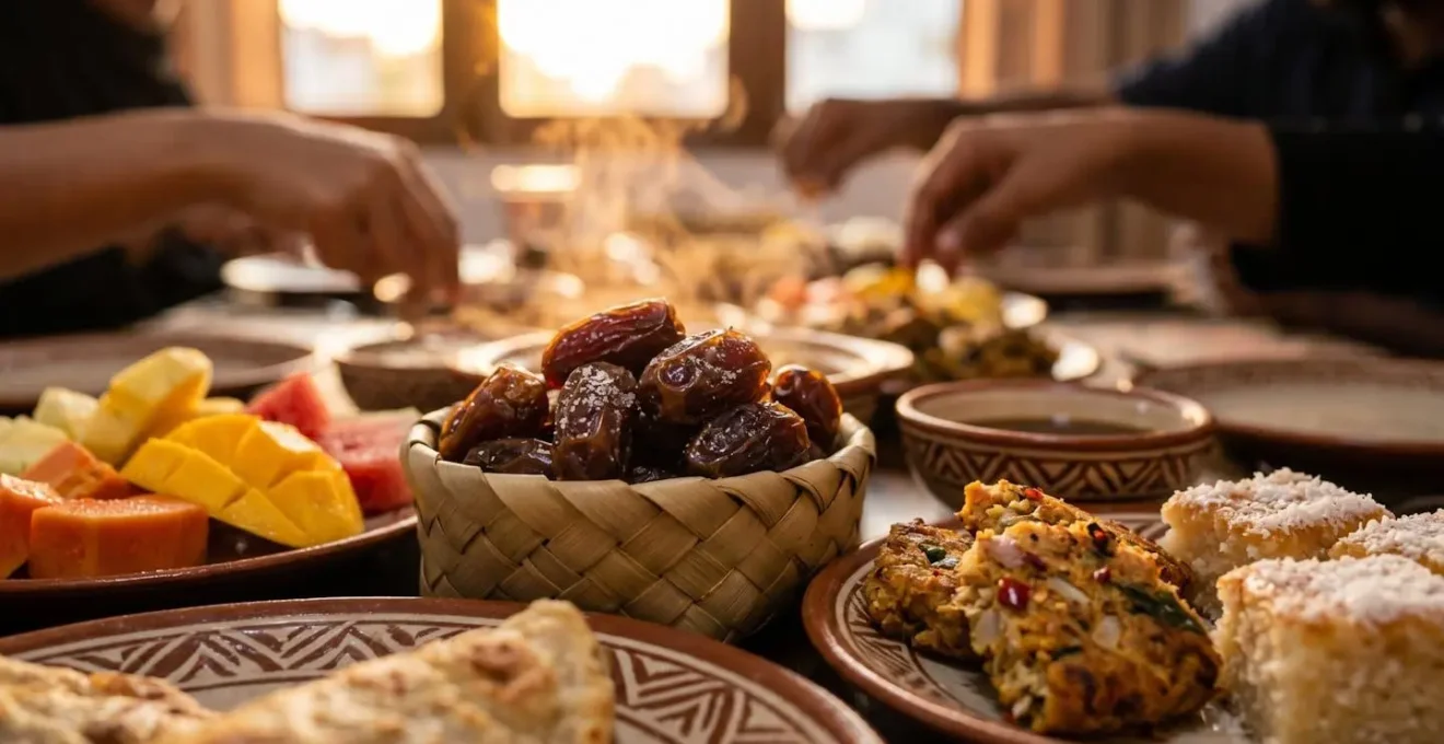 Table d'Iftar traditionnelle avec spécialités maldiviennes au coucher du soleil