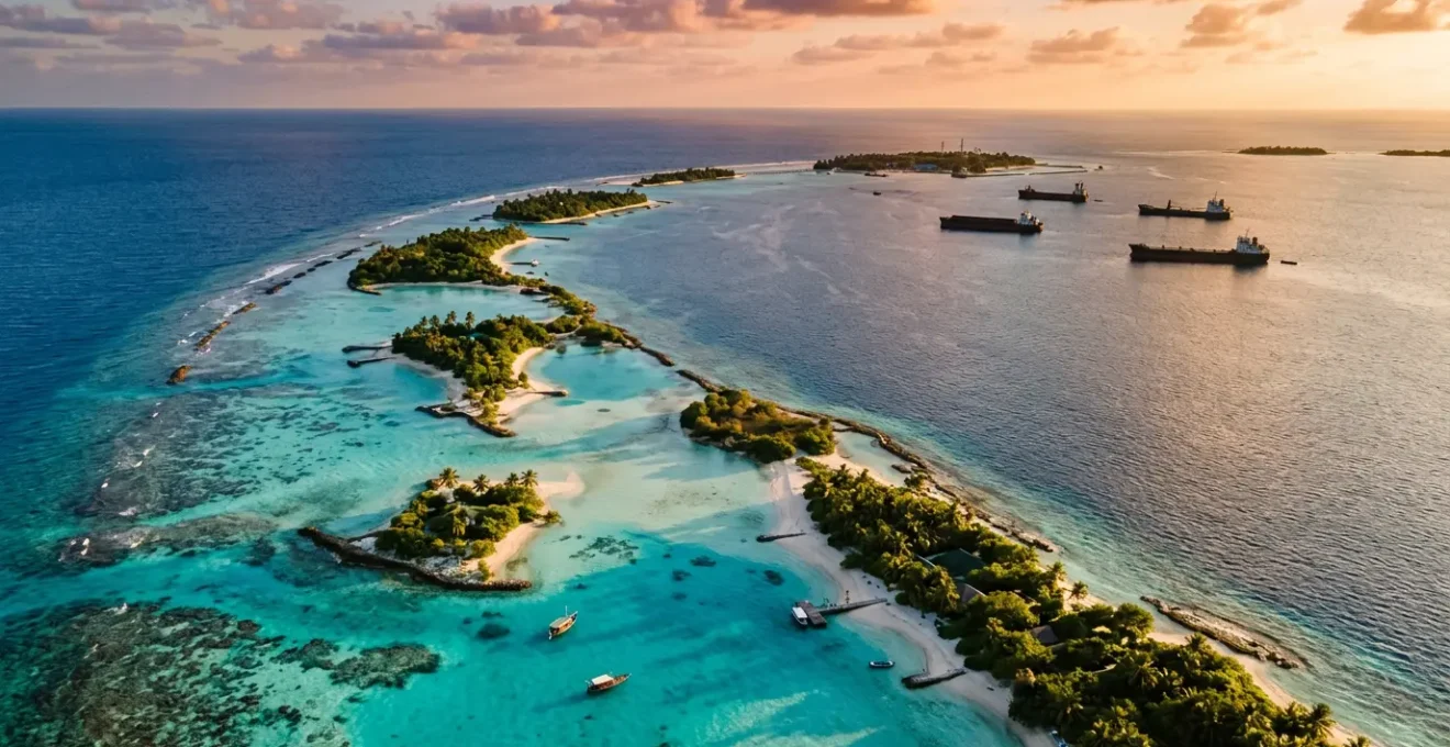 Vue aérienne d'atolls maldiviens montrant le contraste entre les eaux turquoise et les défis environnementaux