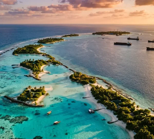 Vue aérienne d'atolls maldiviens montrant le contraste entre les eaux turquoise et les défis environnementaux