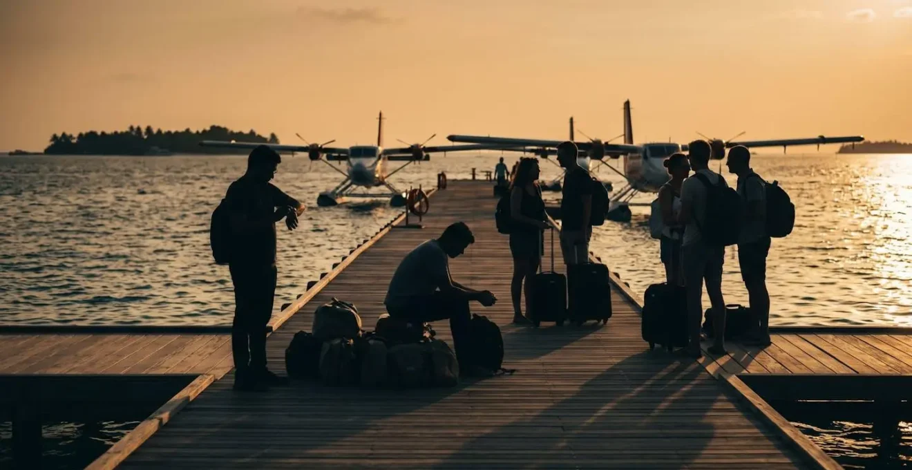 Terminal des hydravions de Malé au coucher du soleil avec hydravions amarrés et passagers en attente
