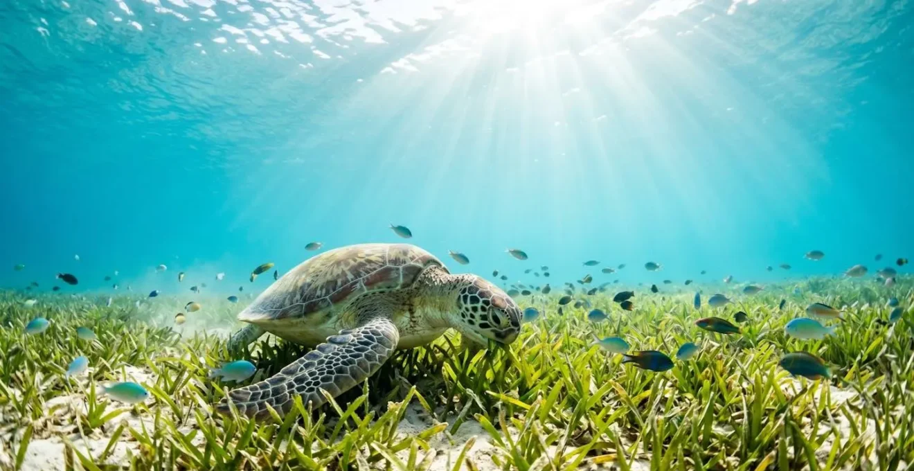 Tortue verte broutant dans un herbier marin peu profond avec rayons de soleil