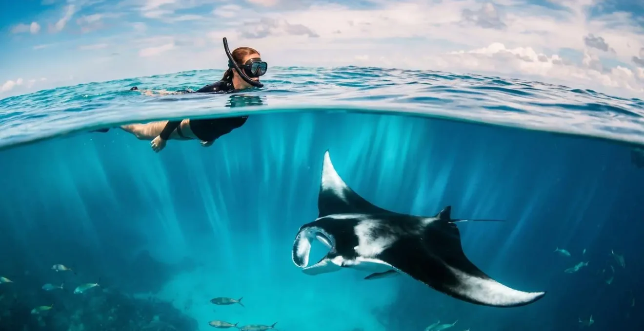 Plongeur en apnée observant une raie manta géante à distance respectueuse dans les eaux cristallines