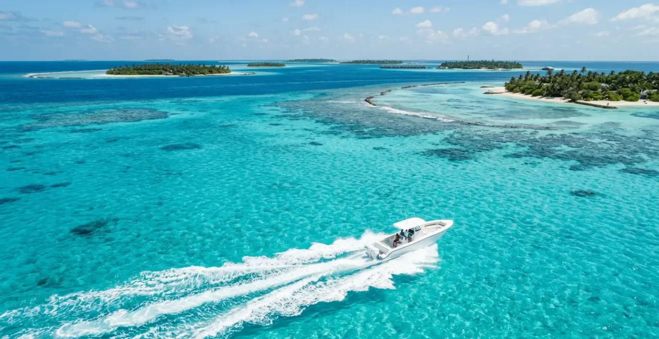 Vue aérienne d'un speedboat blanc naviguant sur les eaux turquoise cristallines des Maldives avec des îles en arrière-plan