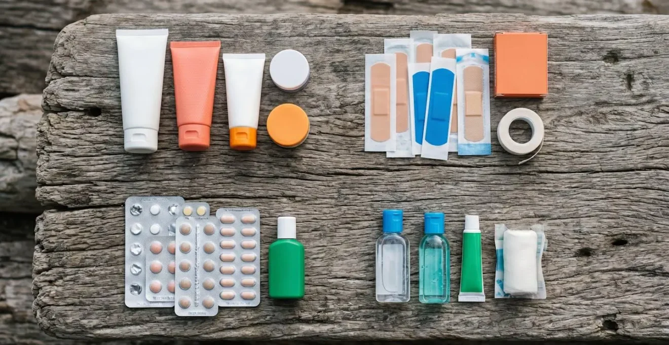 Organisation méticuleuse d'une trousse de secours tropicale sur surface en bois naturel