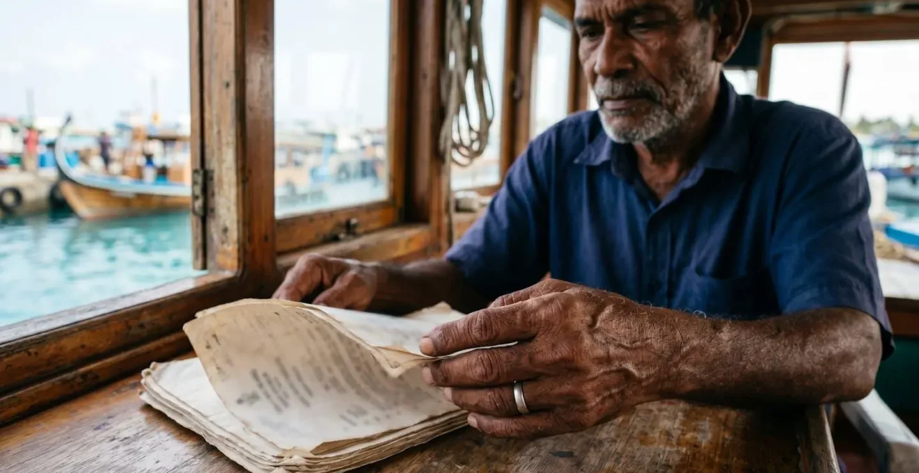 Gros plan sur les mains d'un capitaine tenant des documents officiels de navigation avec un dhoni flou en arrière-plan