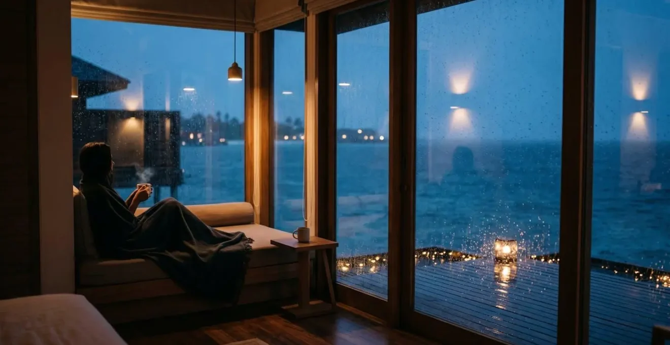 Villa sur pilotis aux Maldives sous une pluie tropicale nocturne avec éclairage chaleureux