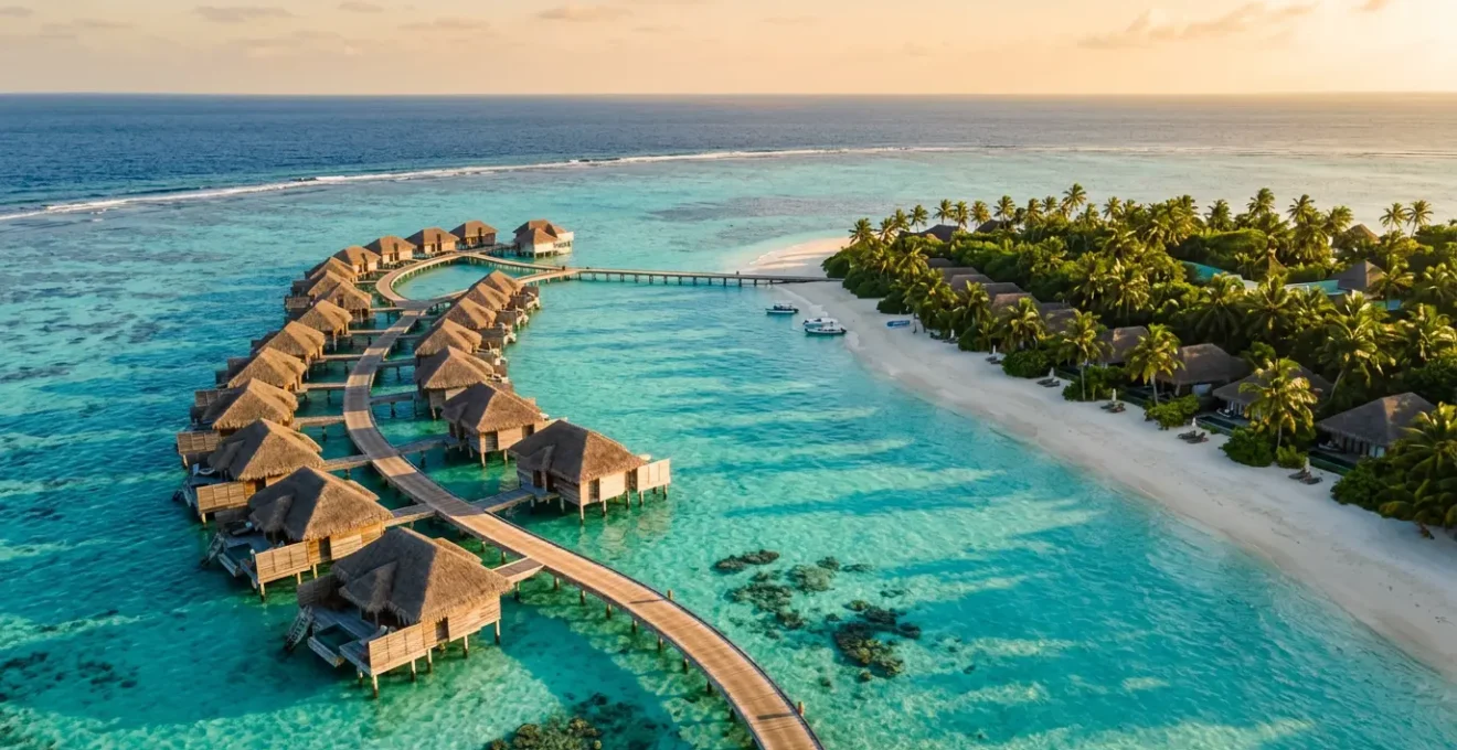 Vue aérienne d'un lagon turquoise avec villas sur pilotis et bungalows plage bordés de palmiers