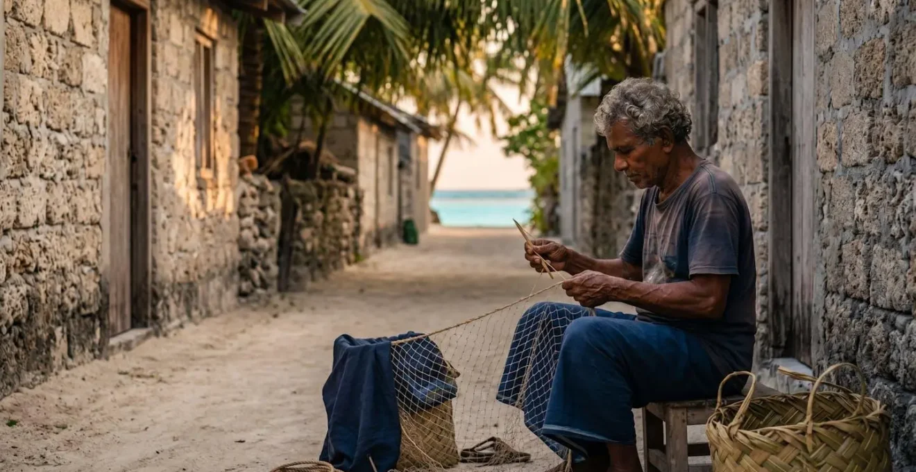 Ruelle paisible du village de Dhigurah au lever du soleil avec pêcheurs préparant leurs filets