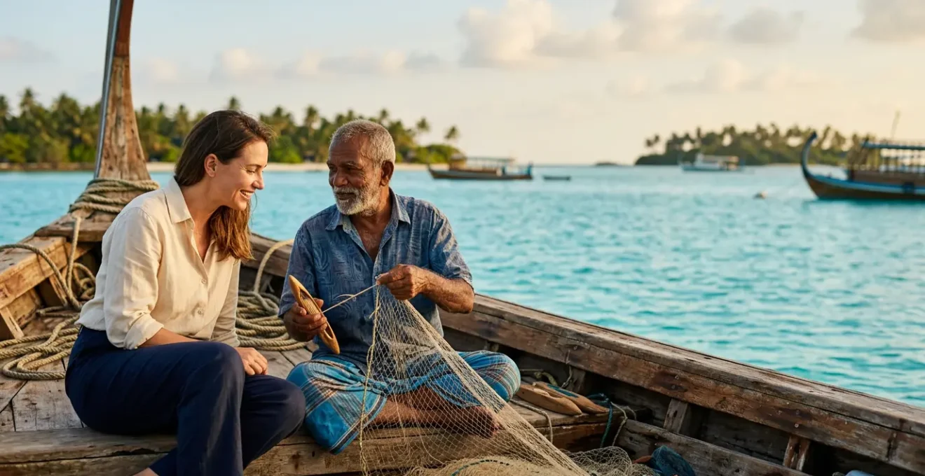 Une rencontre authentique entre un touriste et un pêcheur local sur un dhoni traditionnel au coucher du soleil aux Maldives
