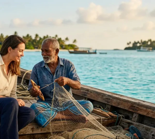 Une rencontre authentique entre un touriste et un pêcheur local sur un dhoni traditionnel au coucher du soleil aux Maldives