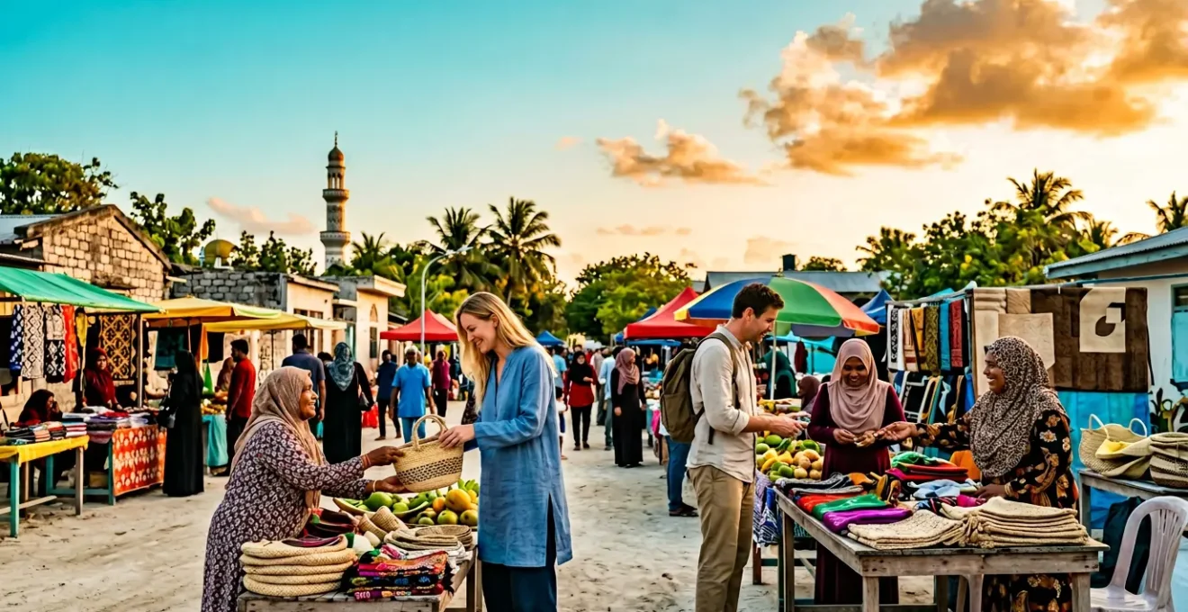 Touristes occidentaux respectueux dans un marché traditionnel maldivien