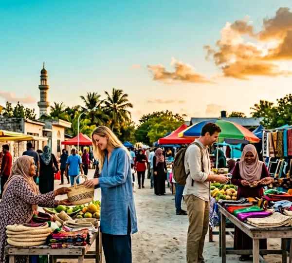 Touristes occidentaux respectueux dans un marché traditionnel maldivien