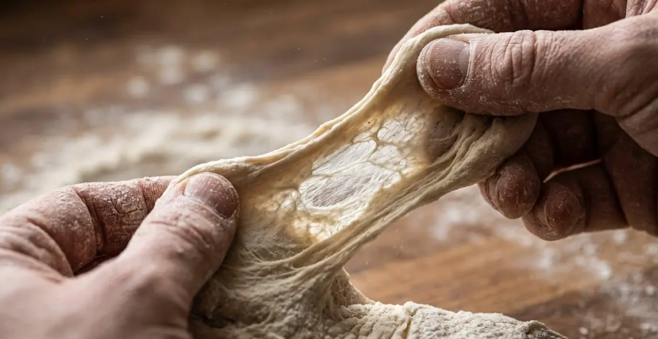 Mains pétrissant une pâte à Roshi avec technique d'étirage-pliage sur plan de travail en bois