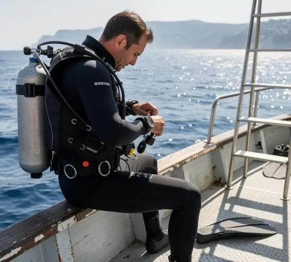 Plongeur équipé d'un gilet stabilisateur dorsale de type wing sur un bateau de plongée en Méditerranée, vue de dos montrant l'architecture du système avec vessie dorsale
