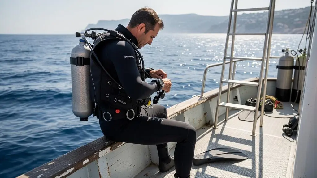 Plongeur équipé d'un gilet stabilisateur dorsale de type wing sur un bateau de plongée en Méditerranée, vue de dos montrant l'architecture du système avec vessie dorsale