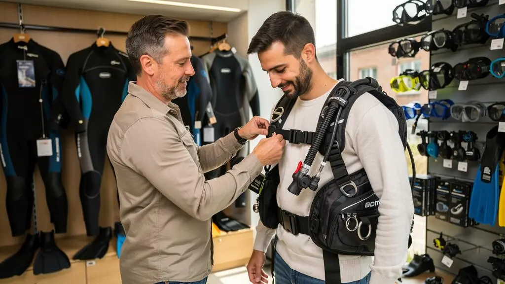 Conseiller dans un magasin de plongée spécialisé aidant un client à ajuster les sangles d'un gilet stabilisateur pour vérifier la taille et le confort avant achat Conseiller dans un magasin de plongée spécialisé aidant un client à ajuster les sangles d'un gilet stabilisateur pour vérifier la taille et le confort avant achat