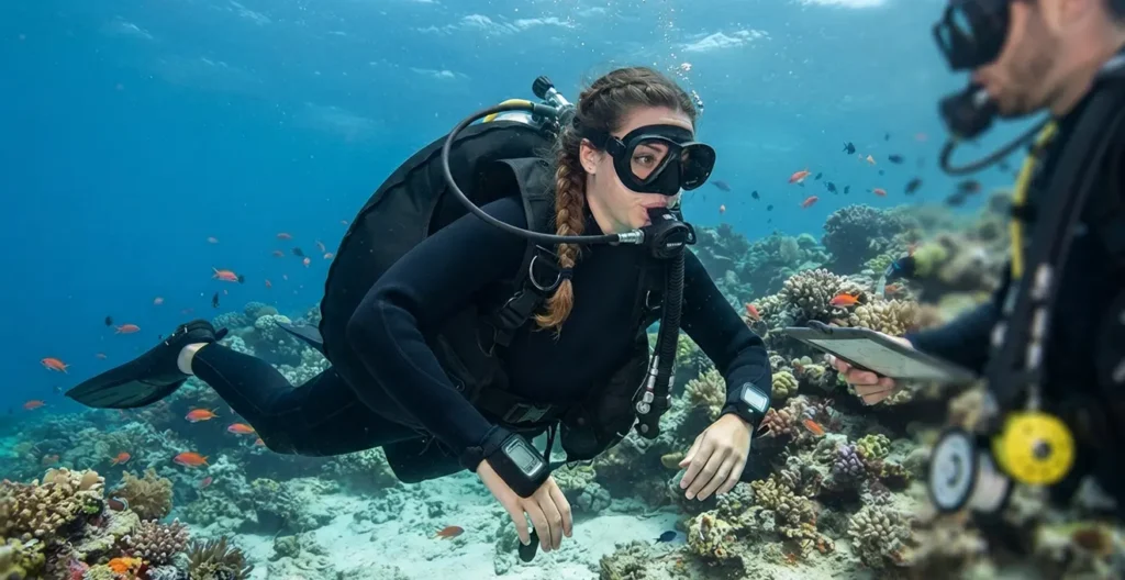 Plongeur portant un gilet stabilisateur enveloppant dans une piscine de formation, vue latérale montrant la structure en veste avec vessie répartie autour du torse Plongeur portant un gilet stabilisateur enveloppant dans une piscine de formation, vue latérale montrant la structure en veste avec vessie répartie autour du torse